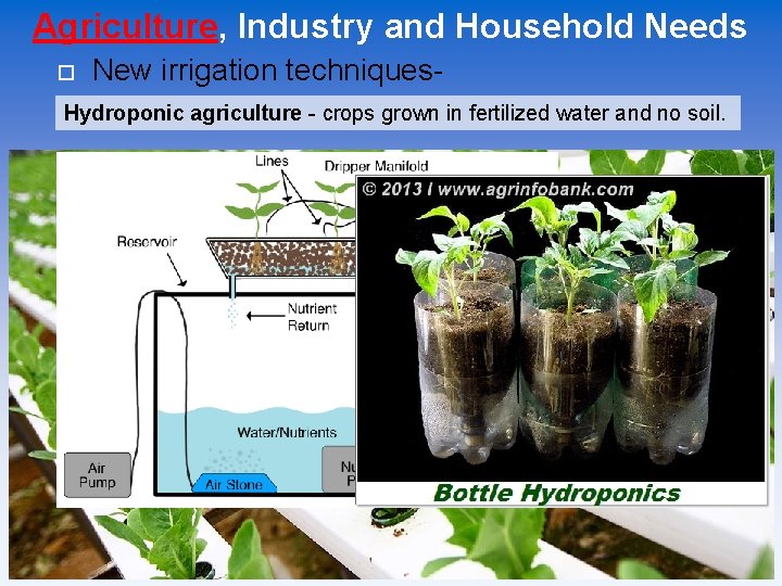 Agriculture, Industry and Household Needs New irrigation techniques- Hydroponic agriculture - crops grown in