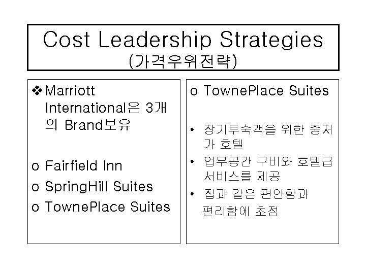 Cost Leadership Strategies (가격우위전략) v Marriott International은 3개 의 Brand보유 o Fairfield Inn o