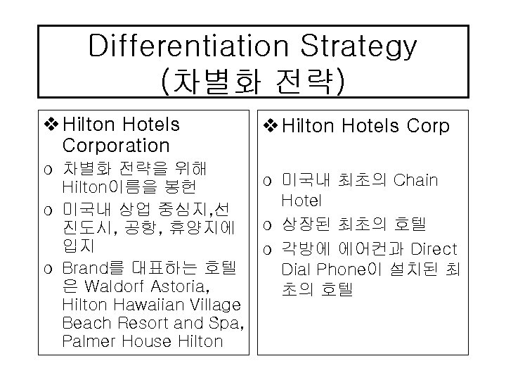 Differentiation Strategy (차별화 전략) v Hilton Hotels Corporation o 차별화 전략을 위해 Hilton이름을 봉헌