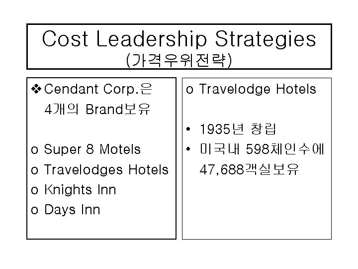 Cost Leadership Strategies (가격우위전략) v Cendant Corp. 은 4개의 Brand보유 o o Super 8