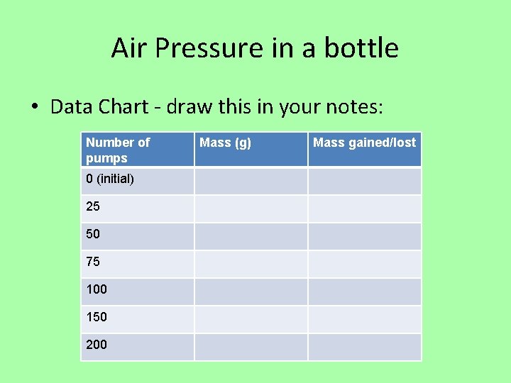 Air Pressure in a bottle • Data Chart - draw this in your notes: