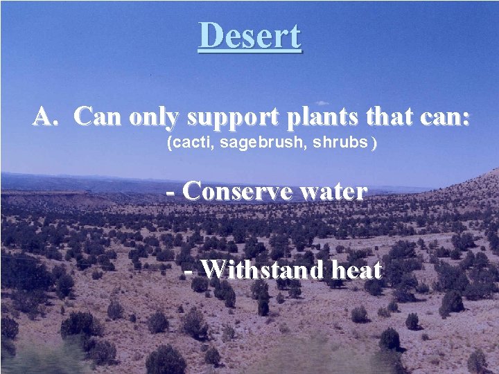 Desert A. Can only support plants that can: (cacti, sagebrush, shrubs ) - Conserve Desert A. Can only support plants that can: (cacti, sagebrush, shrubs ) - Conserve