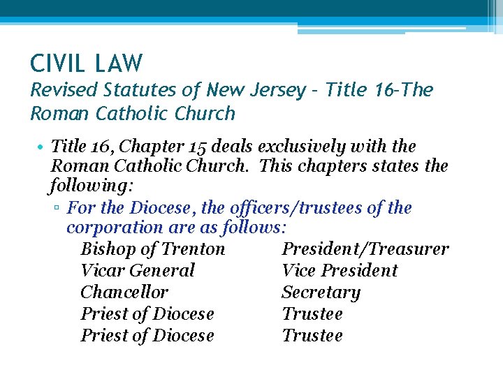 CIVIL LAW Revised Statutes of New Jersey – Title 16–The Roman Catholic Church •