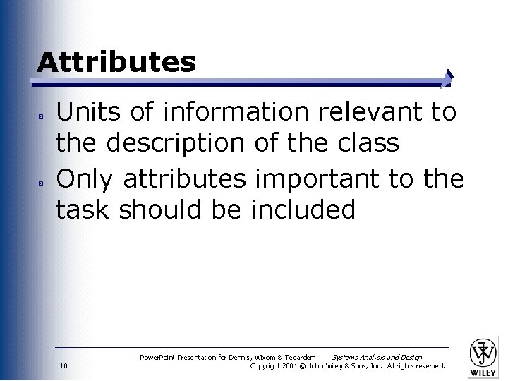 Attributes Units of information relevant to the description of the class Only attributes important