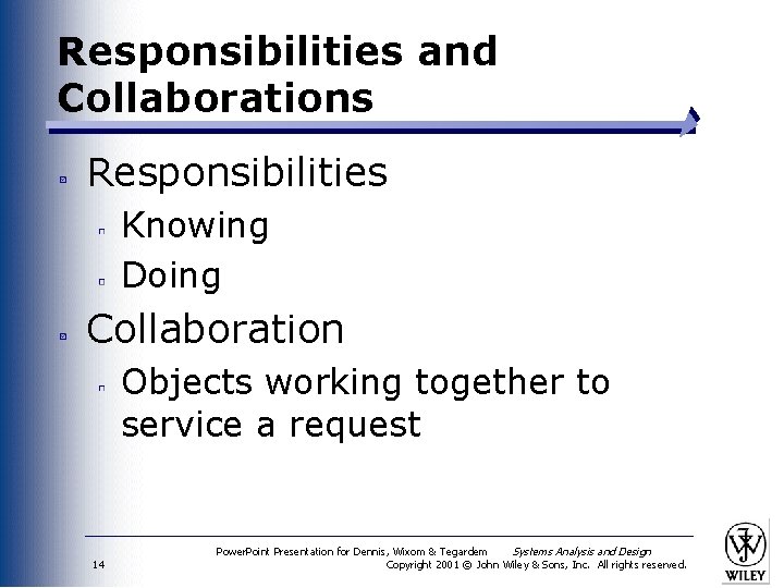 Responsibilities and Collaborations Responsibilities Knowing Doing Collaboration Objects working together to service a request