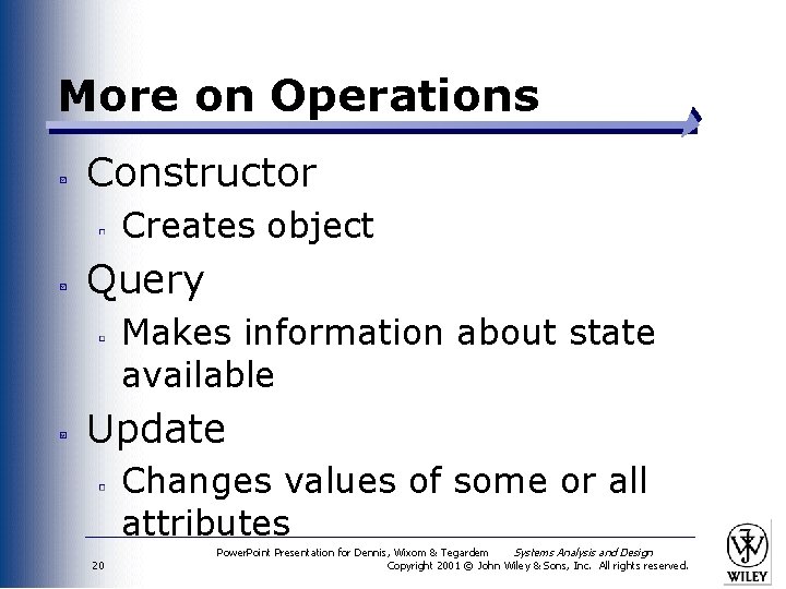 More on Operations Constructor Creates object Query Makes information about state available Update Changes