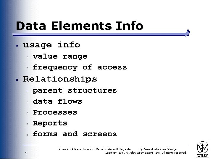 Data Elements Info usage info value range frequency of access Relationships parent structures data