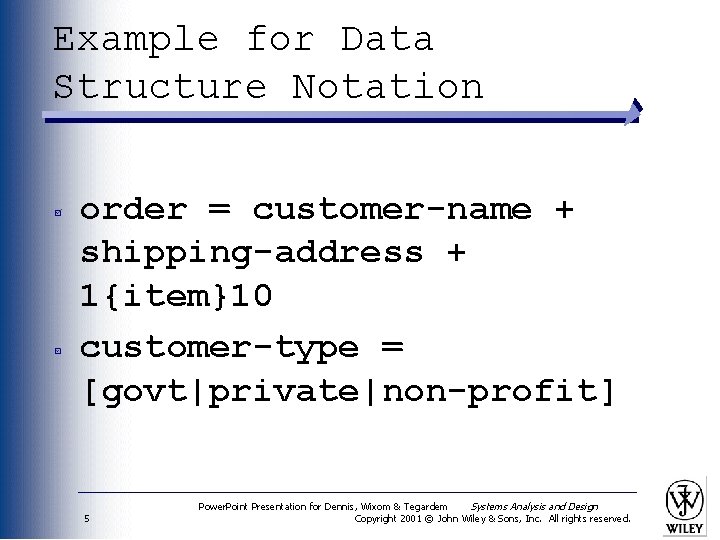 Example for Data Structure Notation order = customer-name + shipping-address + 1{item}10 customer-type =