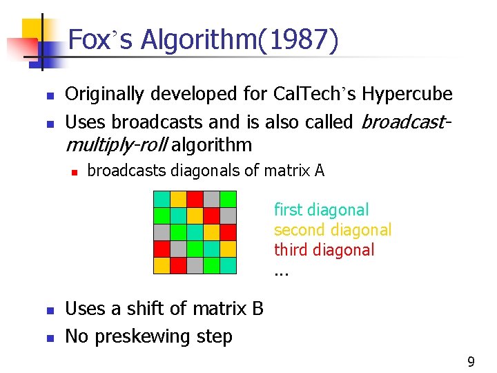 Fox’s Algorithm(1987) n n Originally developed for Cal. Tech’s Hypercube Uses broadcasts and is