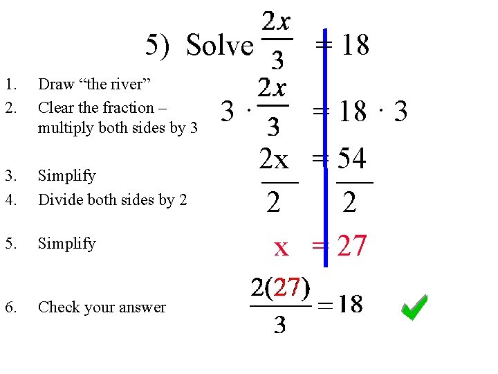 5) Solve 1. 2. Draw “the river” Clear the fraction – multiply both sides