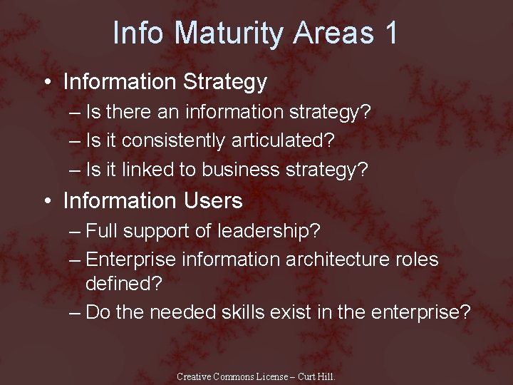 Info Maturity Areas 1 • Information Strategy – Is there an information strategy? –