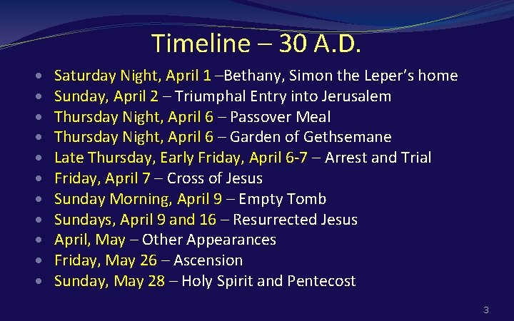 Timeline – 30 A. D. Saturday Night, April 1 –Bethany, Simon the Leper’s home