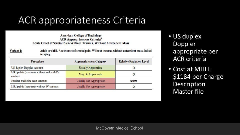 ACR appropriateness Criteria • US duplex Doppler appropriate per ACR criteria • Cost at