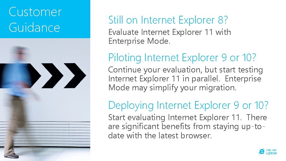 Customer Guidance Still on Internet Explorer 8? Evaluate Internet Explorer 11 with Enterprise Mode.