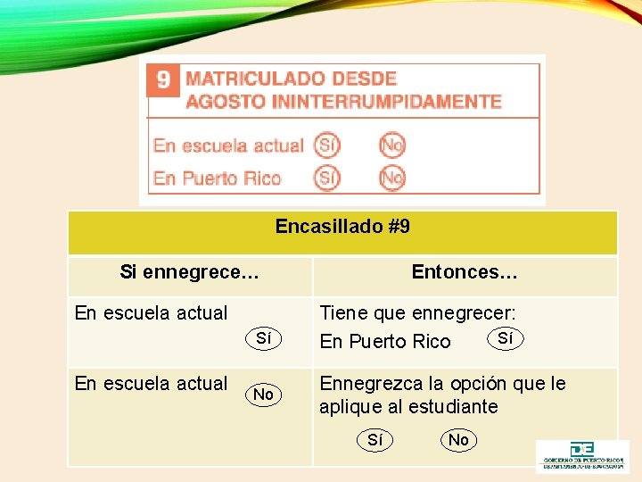 Encasillado #9 Si ennegrece… En escuela actual Sí En escuela actual No Entonces… Tiene