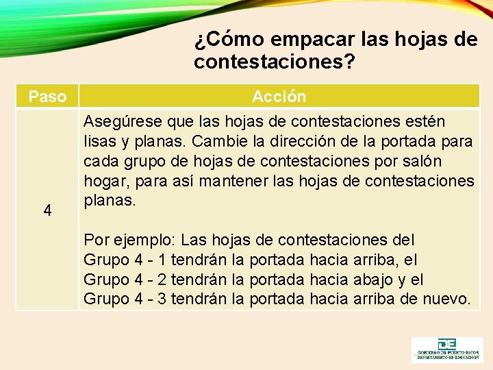 ¿Cómo empacar las hojas de contestaciones? Paso 4 Acción Asegúrese que las hojas de