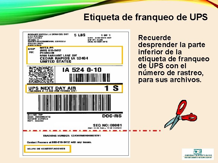 Etiqueta de franqueo de UPS Recuerde desprender la parte inferior de la etiqueta de