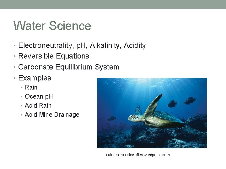 Water Science • Electroneutrality, p. H, Alkalinity, Acidity • Reversible Equations • Carbonate Equilibrium