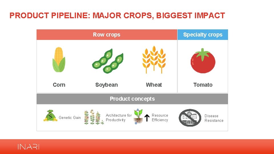 PRODUCT PIPELINE: MAJOR CROPS, BIGGEST IMPACT Row crops Corn Soybean Specialty crops Wheat Tomato