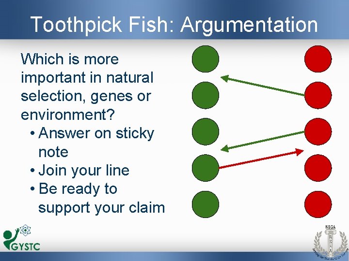 Toothpick Fish: Argumentation Which is more important in natural selection, genes or environment? •