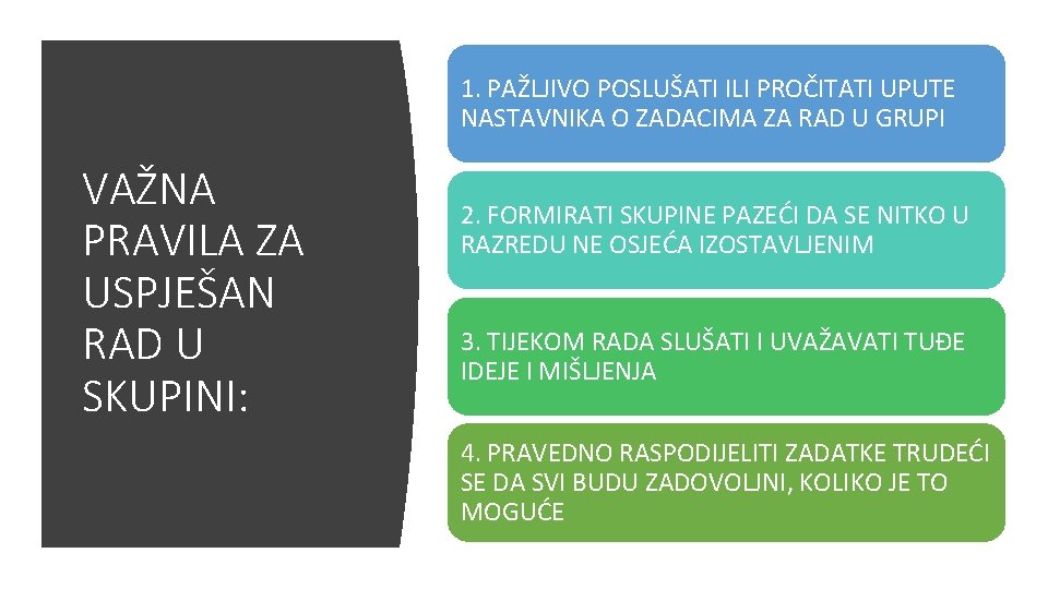 1. PAŽLJIVO POSLUŠATI ILI PROČITATI UPUTE NASTAVNIKA O ZADACIMA ZA RAD U GRUPI VAŽNA