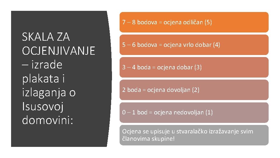 7 – 8 bodova = ocjena odličan (5) SKALA ZA OCJENJIVANJE – izrade plakata