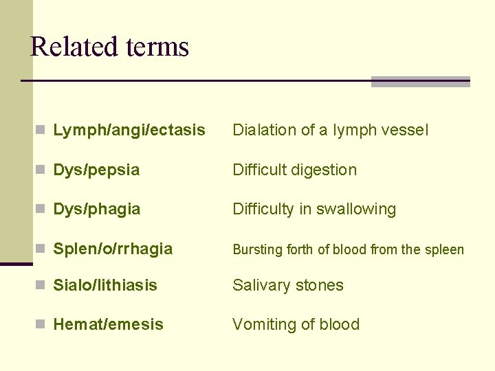 Related terms n Lymph/angi/ectasis Dialation of a lymph vessel n Dys/pepsia Difficult digestion n