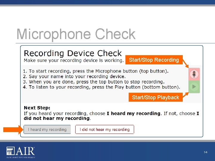 Microphone Check Start/Stop Recording Start/Stop Playback 14 