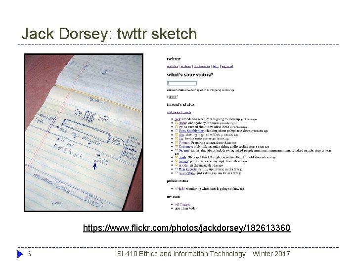 Jack Dorsey: twttr sketch https: //www. flickr. com/photos/jackdorsey/182613360 6 SI 410 Ethics and Information