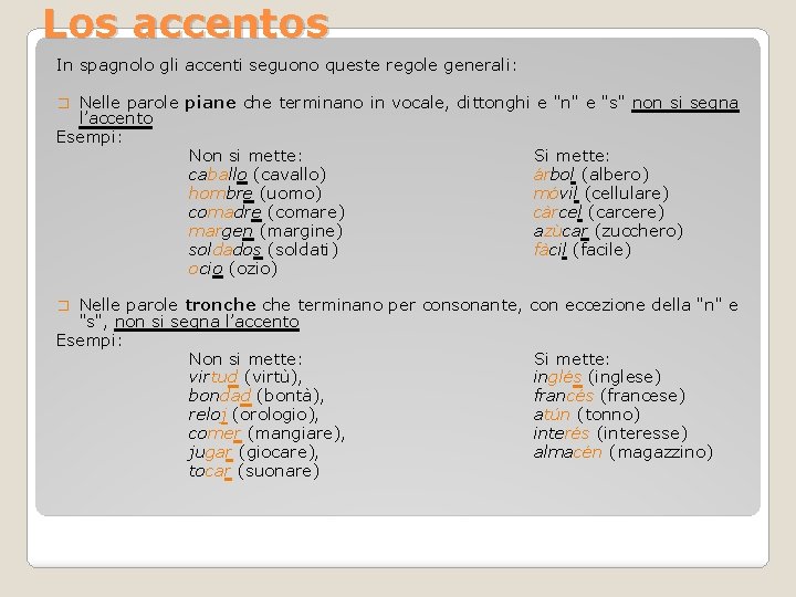 Los accentos In spagnolo gli accenti seguono queste regole generali: Nelle parole piane che