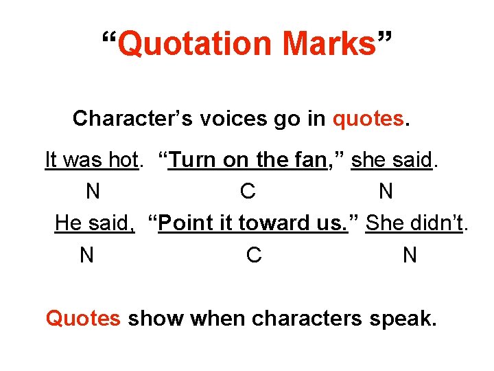 “Quotation Marks” Character’s voices go in quotes. It was hot. “Turn on the fan,