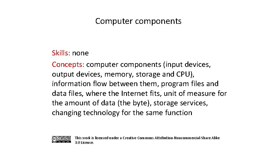 Computer components Skills: none Concepts: computer components (input devices, output devices, memory, storage and