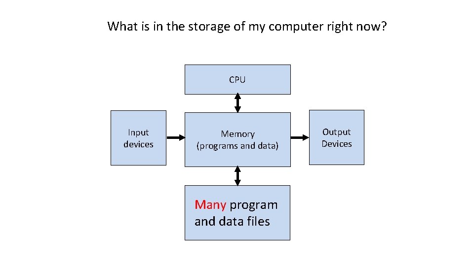 What is in the storage of my computer right now? CPU Input devices Memory