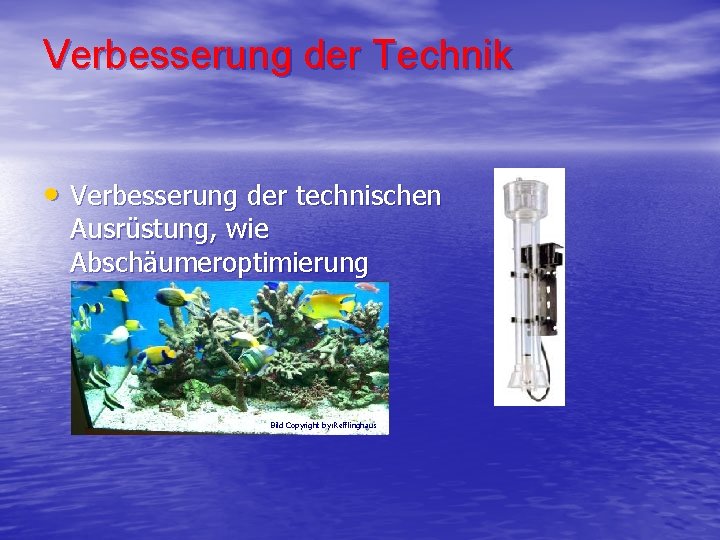 Verbesserung der Technik • Verbesserung der technischen Ausrüstung, wie Abschäumeroptimierung Bild Copyright by: Refflinghaus