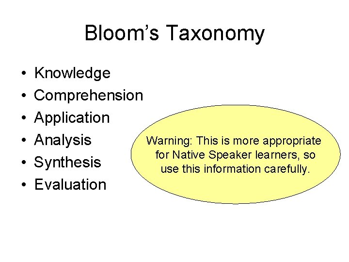 Bloom’s Taxonomy • • • Knowledge Comprehension Application Warning: This is more appropriate Analysis