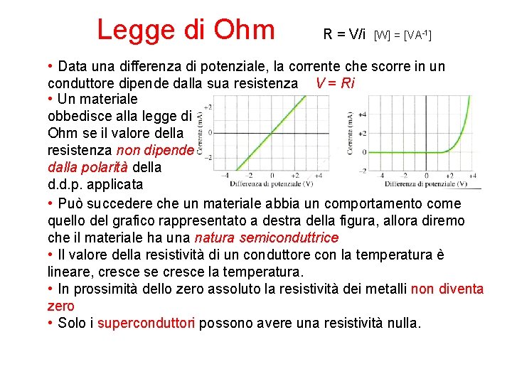 Legge di Ohm R = V/i [W] = [VA-1] • Data una differenza di