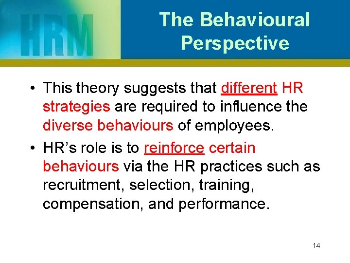 The Behavioural Perspective • This theory suggests that different HR strategies are required to