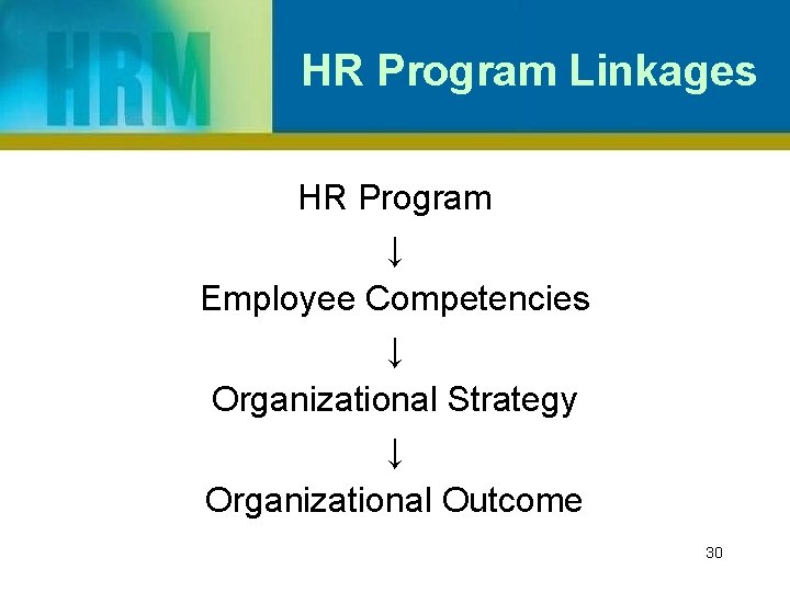 HR Program Linkages HR Program ↓ Employee Competencies ↓ Organizational Strategy ↓ Organizational Outcome