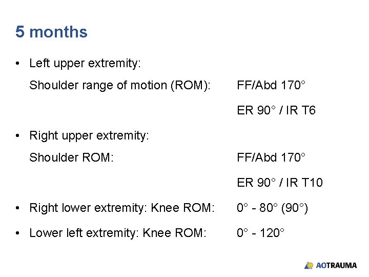 5 months • Left upper extremity: Shoulder range of motion (ROM): FF/Abd 170° ER 5 months • Left upper extremity: Shoulder range of motion (ROM): FF/Abd 170° ER