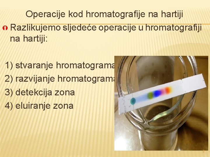 Operacije kod hromatografije na hartiji Razlikujemo sljedeće operacije u hromatografiji na hartiji: 1) stvaranje