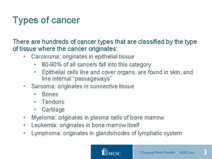 Types of cancer There are hundreds of cancer types that are classified by the