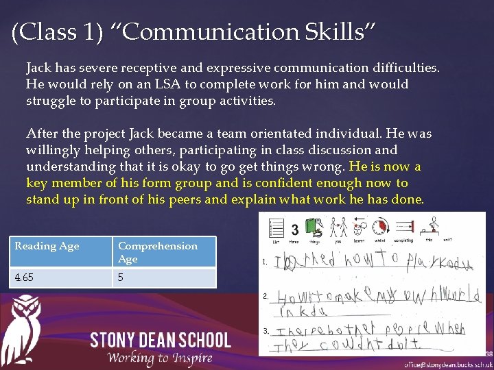 (Class 1) “Communication Skills” Jack has severe receptive and expressive communication difficulties. He would