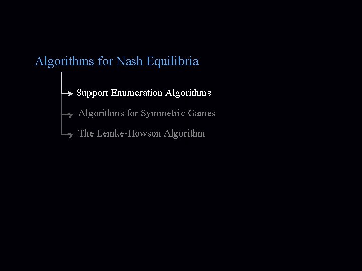 Algorithms for Nash Equilibria Support Enumeration Algorithms for Symmetric Games The Lemke-Howson Algorithm 