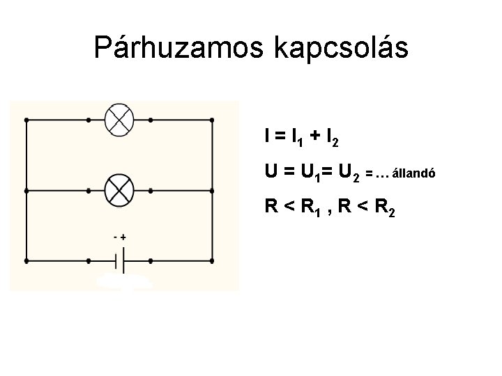 Párhuzamos kapcsolás I = I 1 + I 2 U = U 1= U