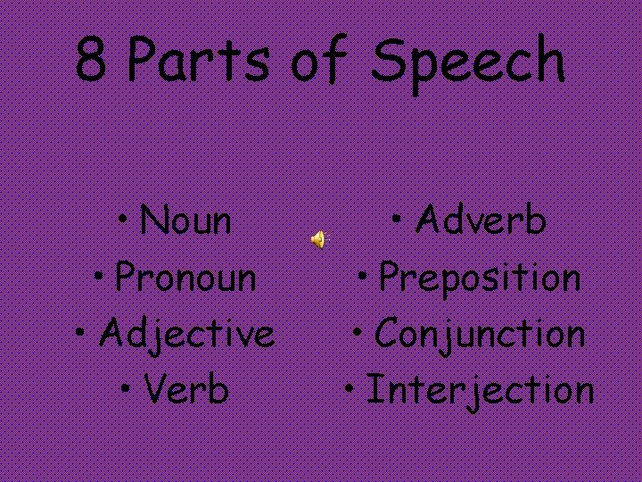8 Parts of Speech • Noun • Pronoun • Adjective • Verb • Adverb