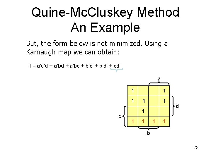 Quine-Mc. Cluskey Method An Example But, the form below is not minimized. Using a