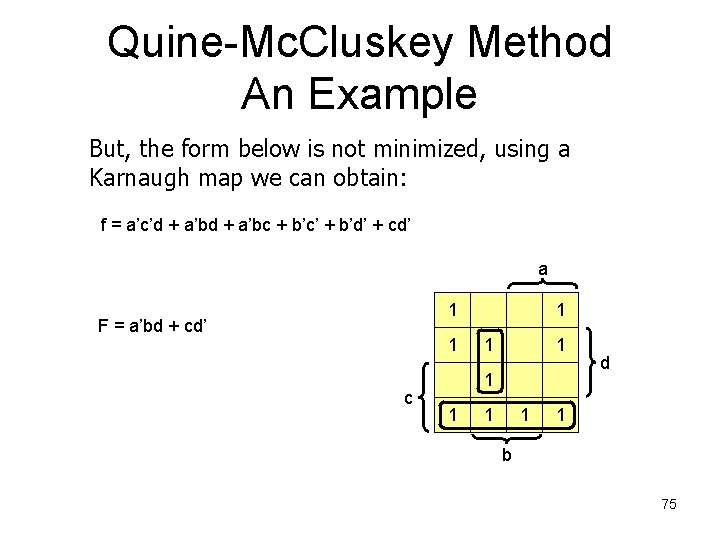 Quine-Mc. Cluskey Method An Example But, the form below is not minimized, using a