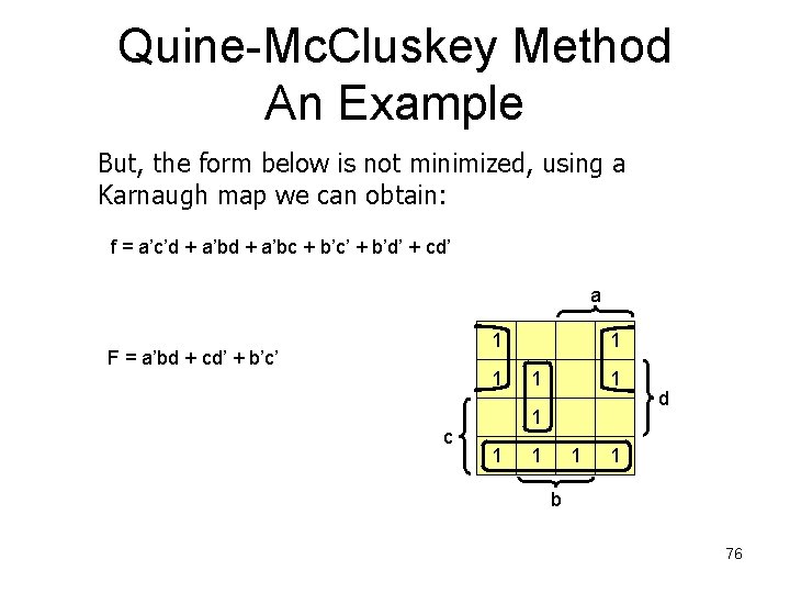 Quine-Mc. Cluskey Method An Example But, the form below is not minimized, using a