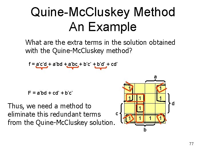 Quine-Mc. Cluskey Method An Example What are the extra terms in the solution obtained