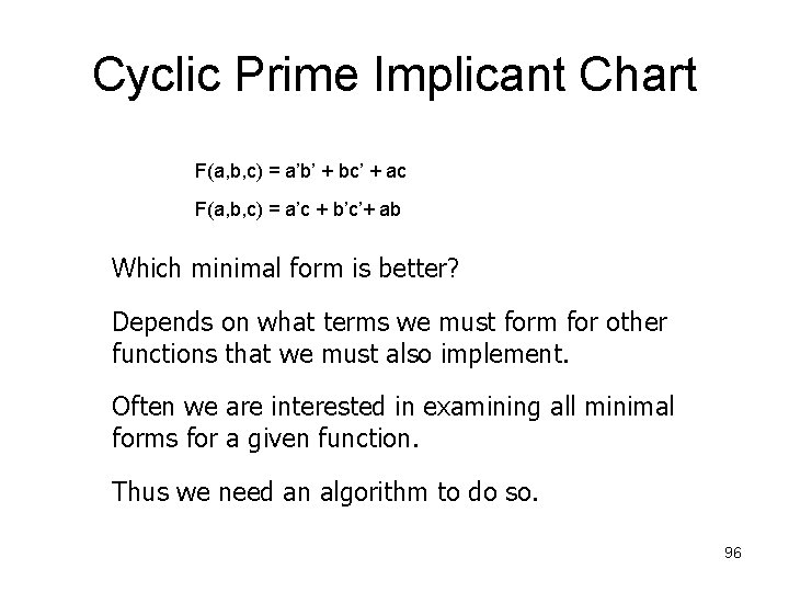 Cyclic Prime Implicant Chart F(a, b, c) = a’b’ + bc’ + ac F(a,